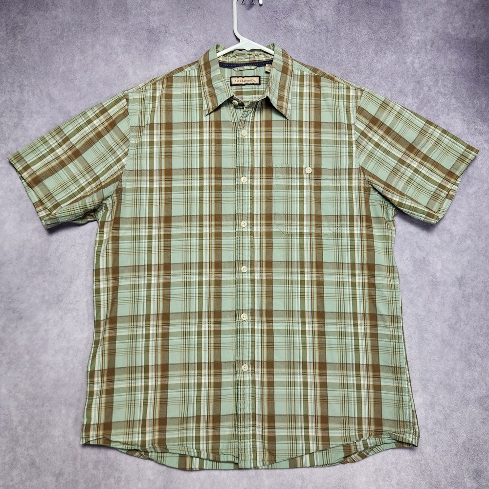 G.H. Bass‎ & Co. Mens Shirt size Large Green Plaid Short Sleeve Button Down